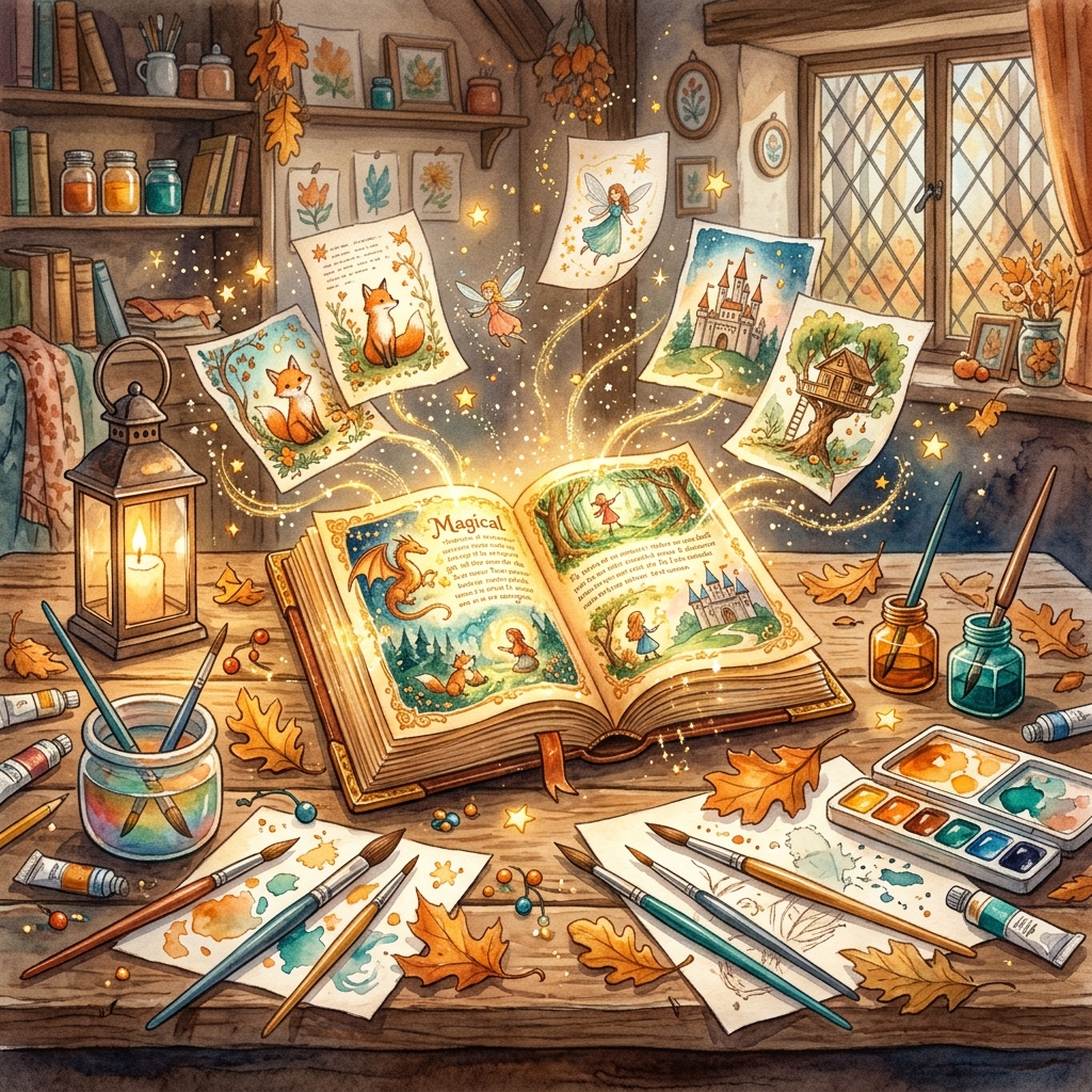 A magical studio with illustrated story pages flying through the air