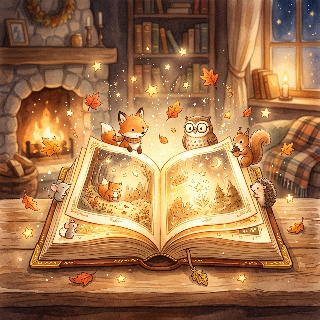 A glowing storybook open by a warm fireplace, surrounded by woodland animals