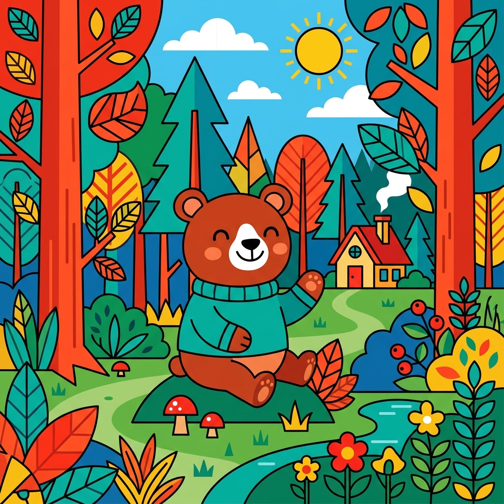 Vector style: a bear waving in an autumn forest