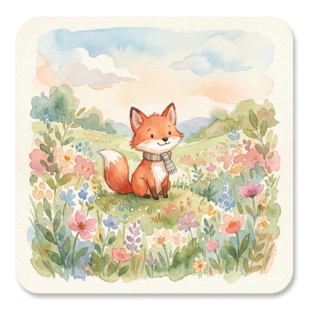 Watercolour style: a fox sitting in a floral meadow